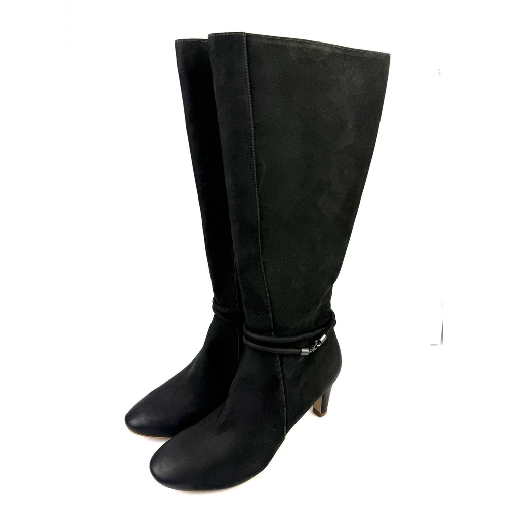 Ecco Nephi Tall Boots 9 Black Nubuck Leather Zip Up Heeled Brand New